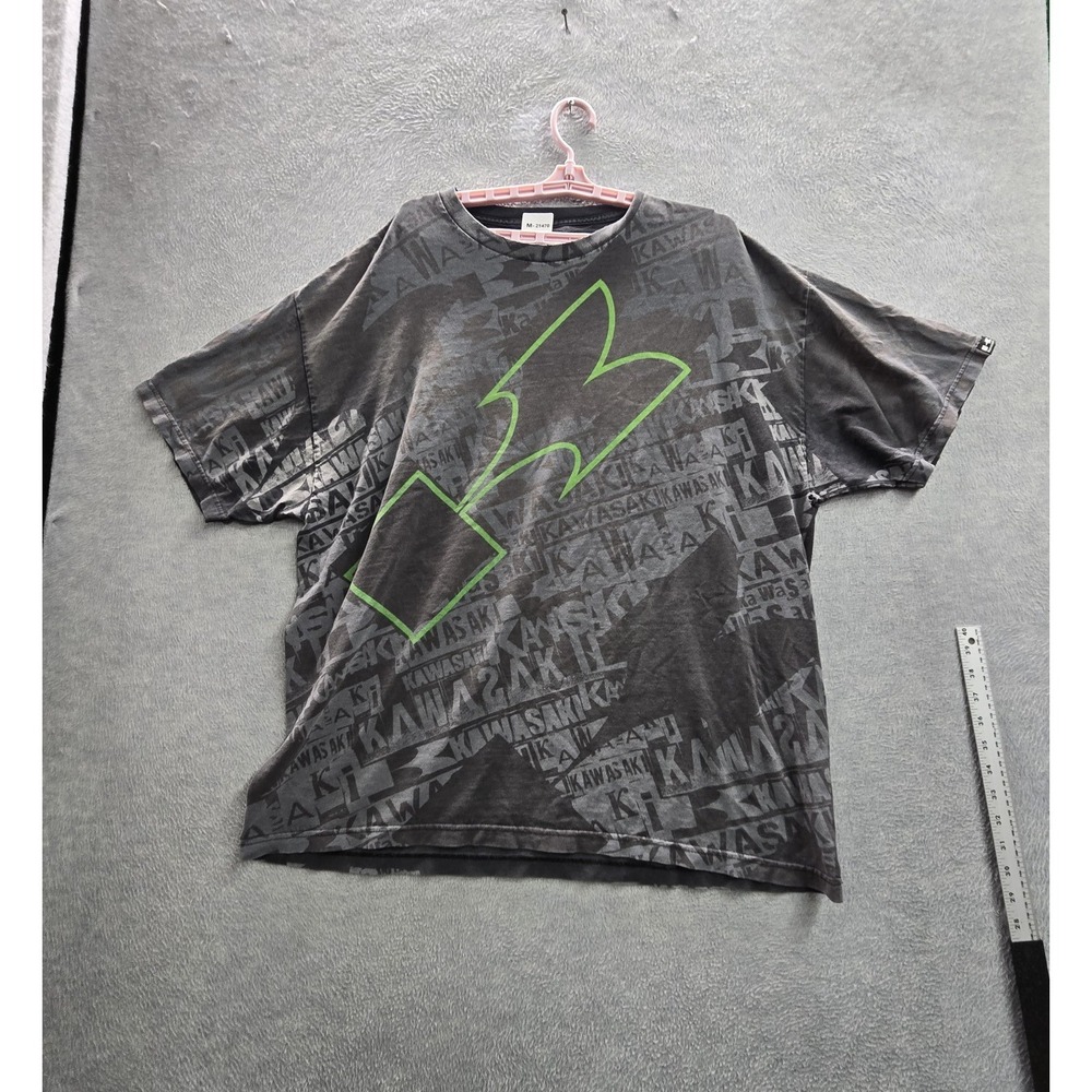 Kawasaki Men Shirt 2XL Gray Graphic Motocross BMX Grunge‎ Short Sleeve Y2K USA